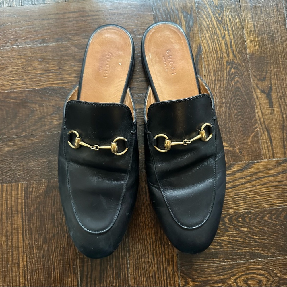 GUCCI PRINCETOWN BLACK LEATHER MULE SLIDES - SIZE 39.5 - Picture 2 of 12